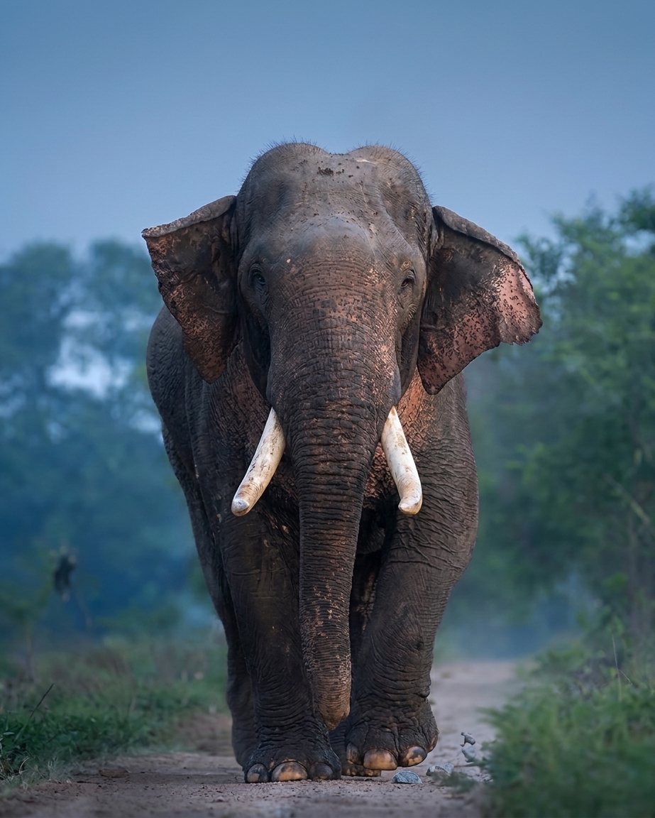 Kawanthissa, a wild tusker, standing among green bushes in Yala National Park