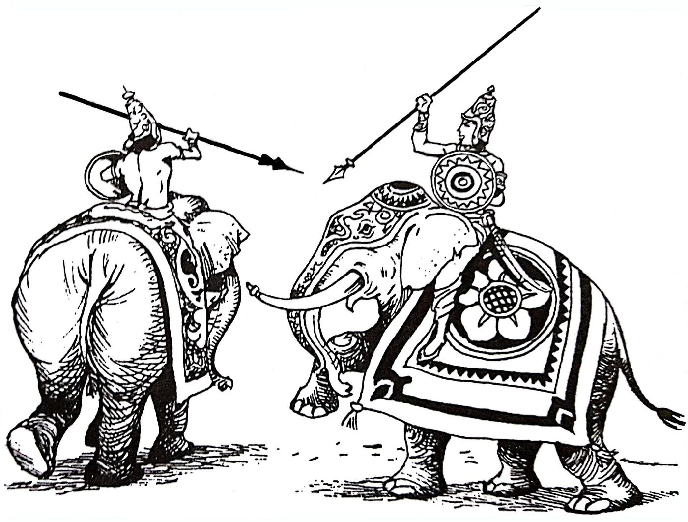 Drawing of two kings on war elephants facing each other with spears